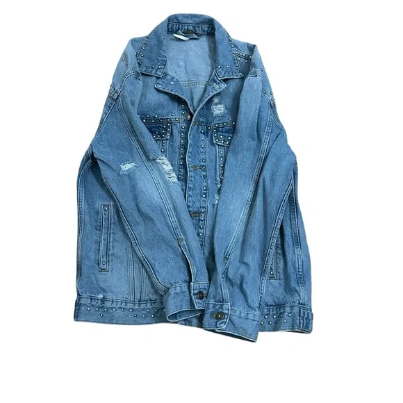 Free People Oversized Distressed Studded Denim Jean Jacket READ Size Small - Picture 11 of 14